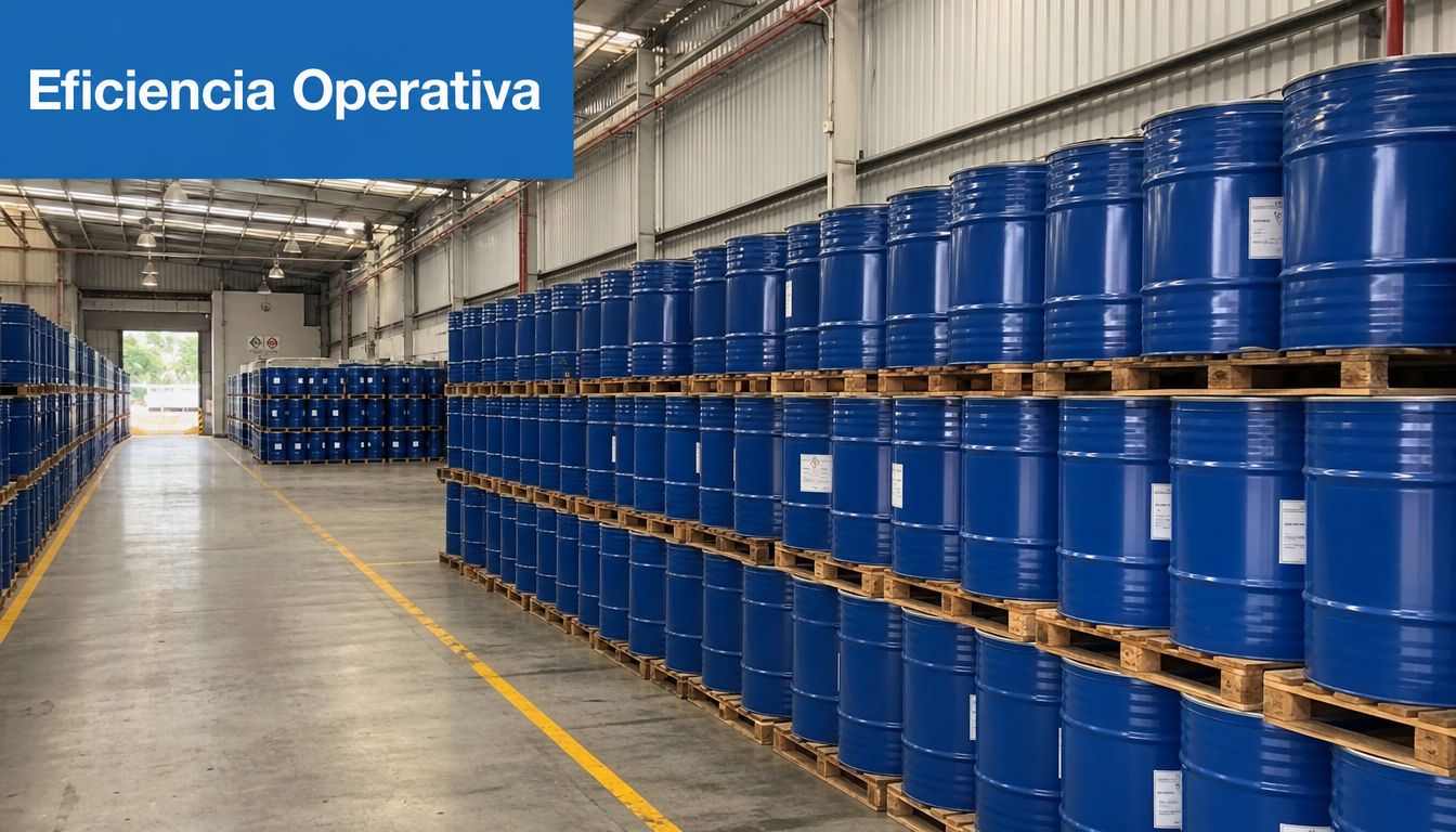 Grandes almacenes industriales con largas filas de tambores azules de doscientos litros apilados en tarimas de madera.