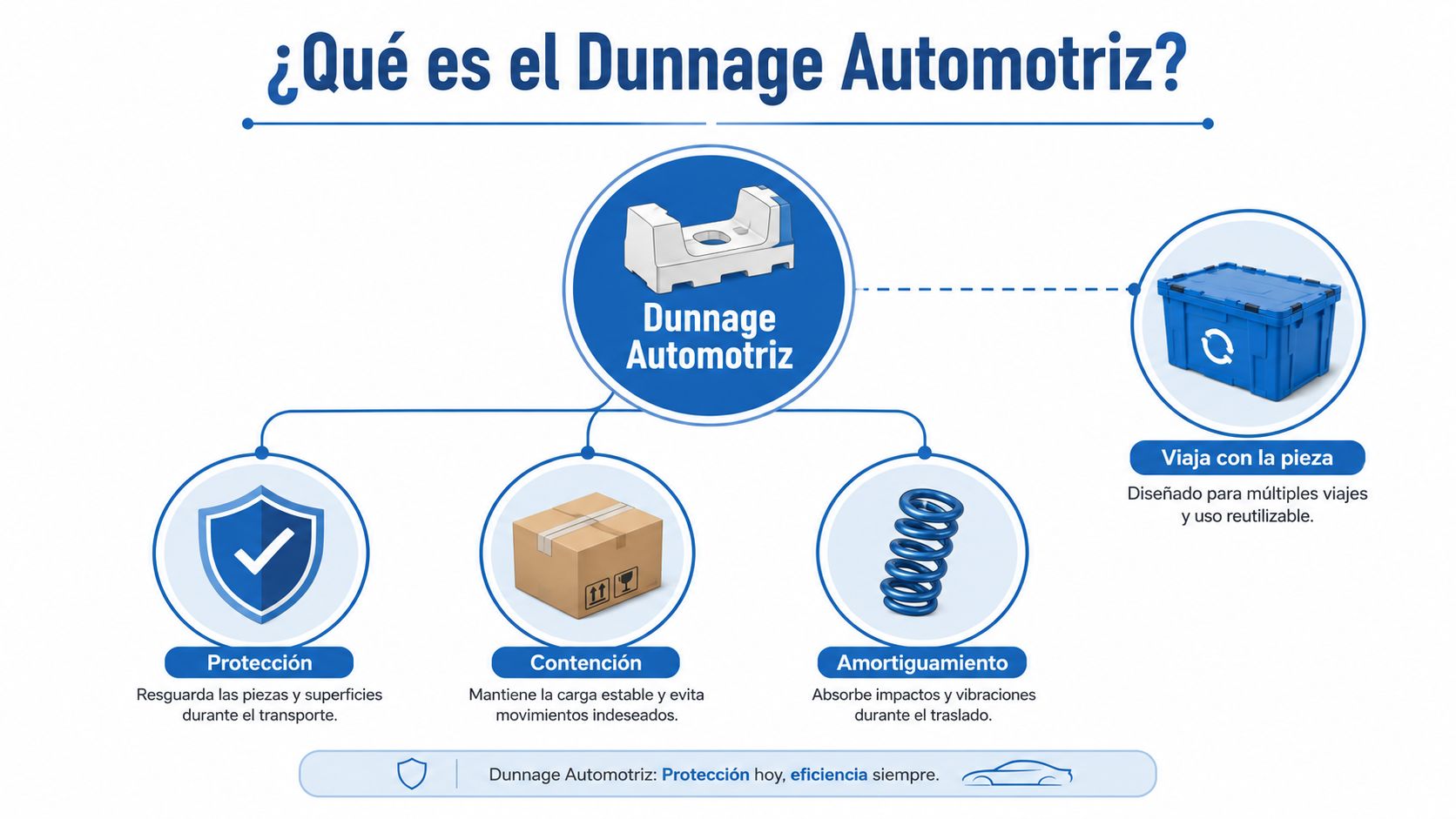 Infografía sobre qué es el dunnage automotriz y sus funciones principales de protección, contención y amortiguamiento durante el transporte.