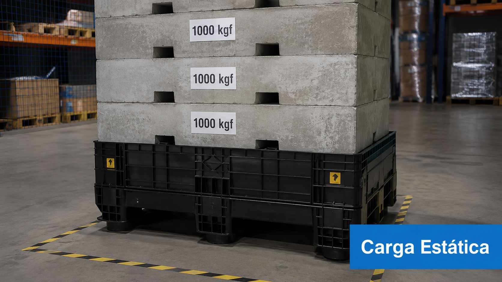 Bloques de hormigón apilados sobre un contenedor plástico negro en un almacén logístico industrial.