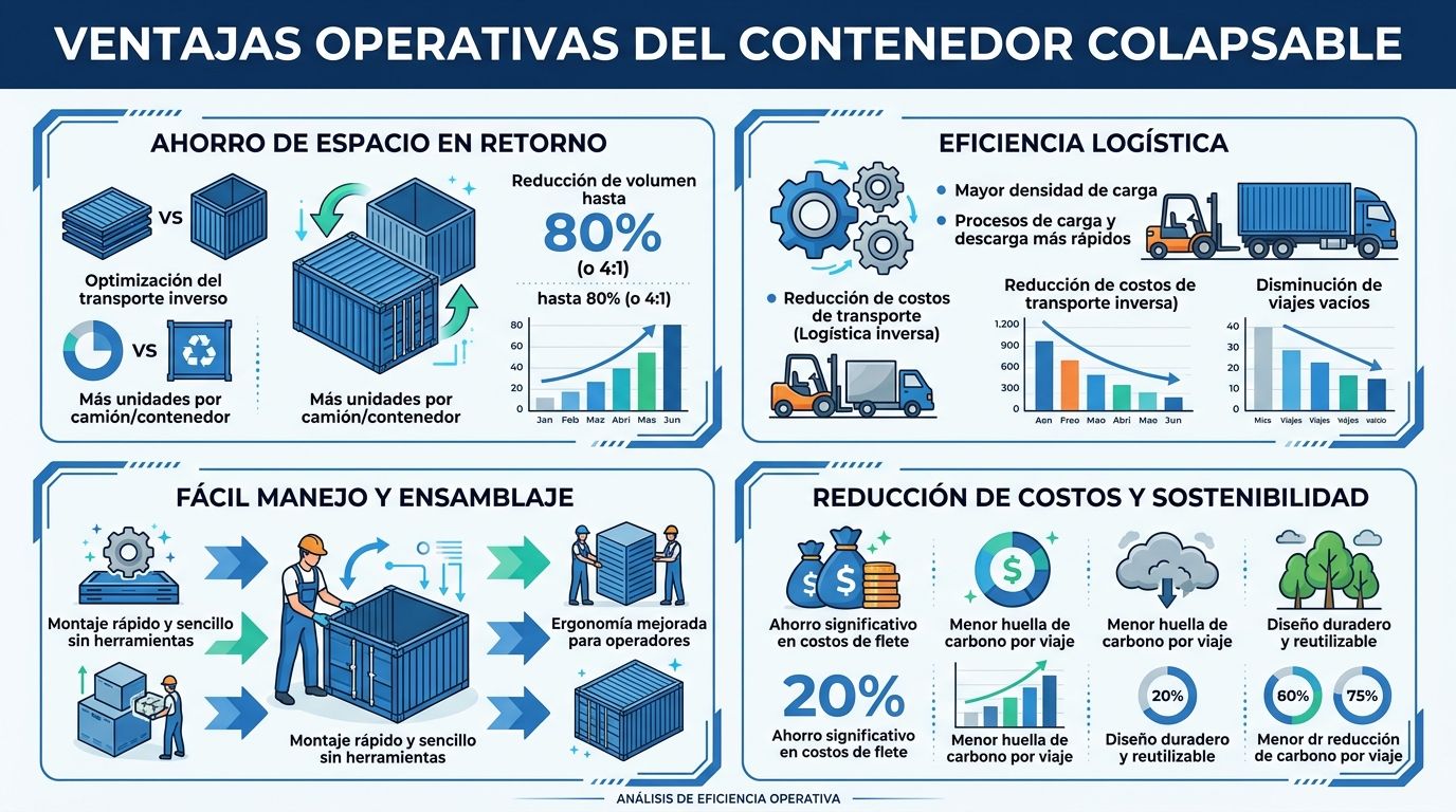Infografía sobre las ventajas operativas y beneficios logísticos de utilizar contenedores colapsables para transporte eficiente.
