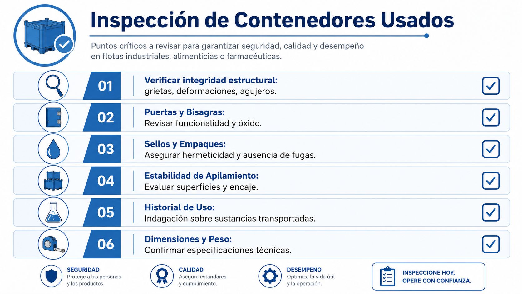 Infografía sobre los seis puntos clave para realizar una inspección técnica de contenedores plásticos usados.