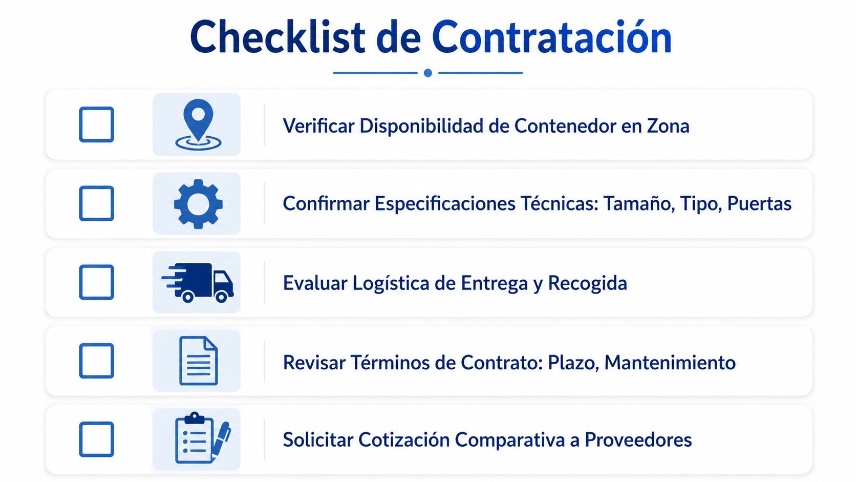 Lista de verificación para la renta de contenedores industriales con iconos representativos de los procesos logísticos necesarios.