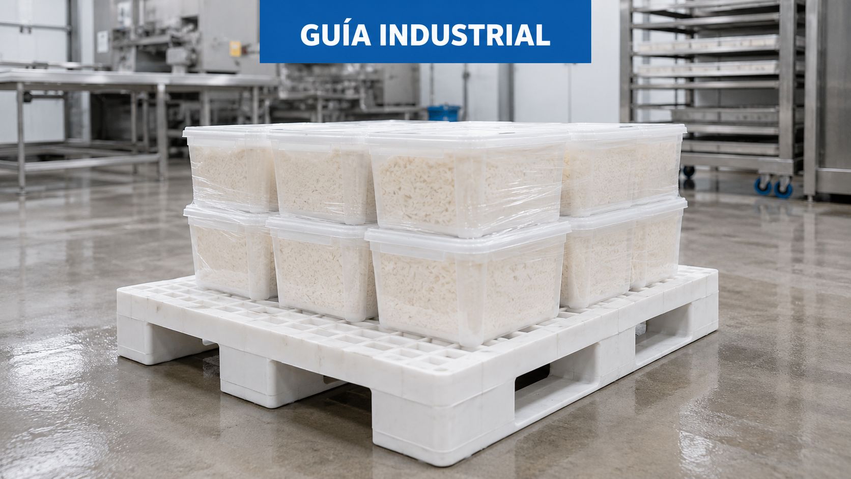 Una tarima de plástico industrial cargada con recipientes transparentes llenos de productos alimenticios en una planta.
