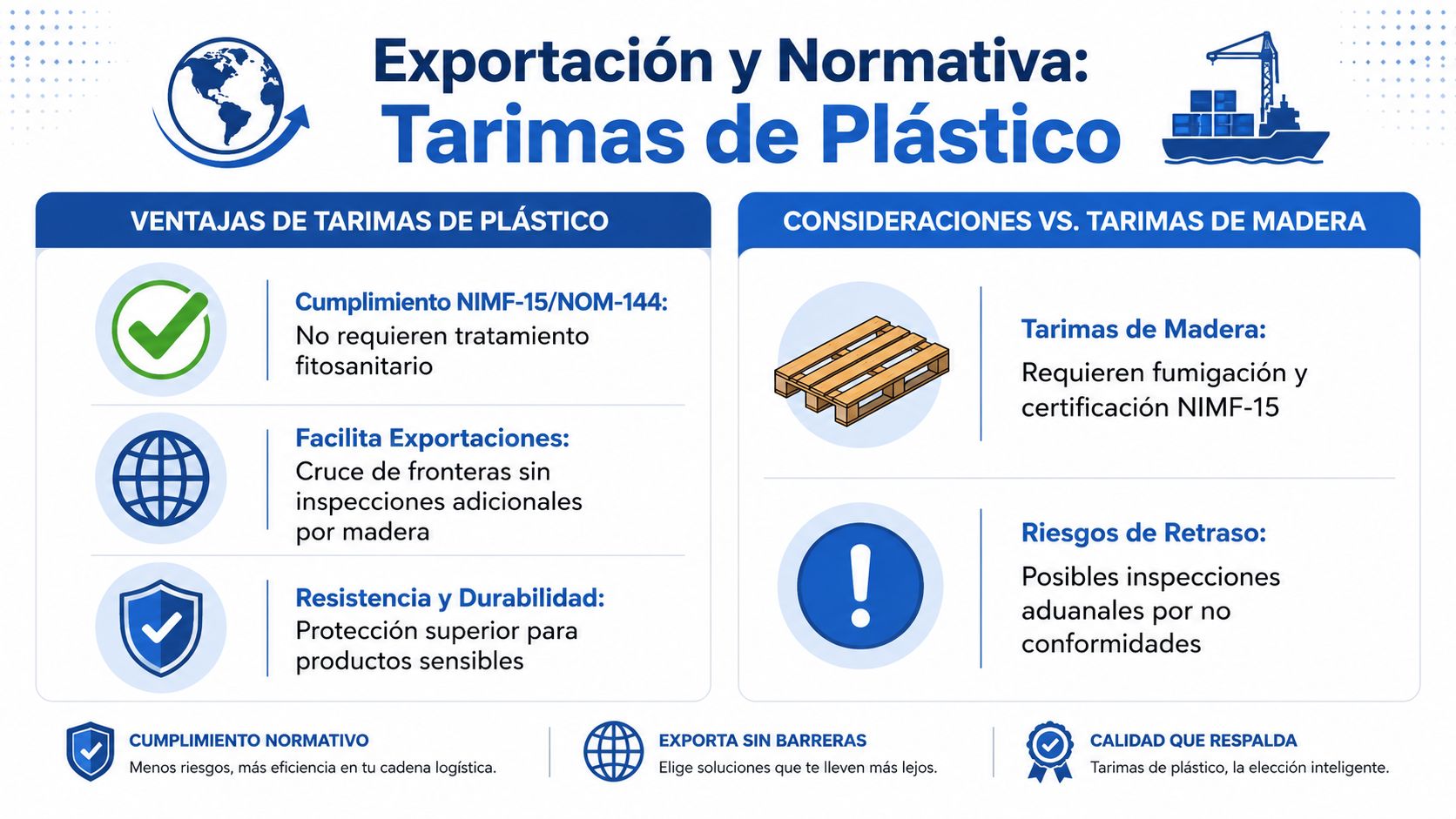 Infografía comparativa sobre las ventajas de usar tarimas de plástico frente a las de madera para exportación.