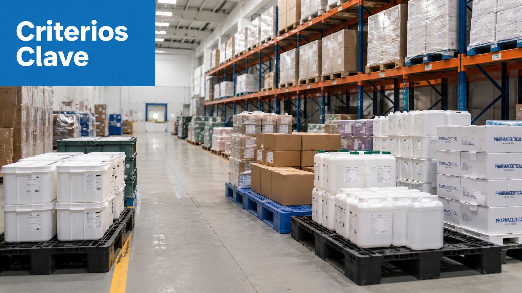 Vista de un almacén industrial moderno con estanterías, pallets de plástico y contenedores de productos farmacéuticos organizados.
