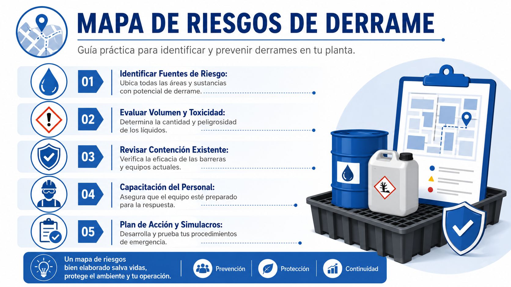 Infografía sobre cómo crear un mapa de riesgos para la prevención y control de derrames industriales.