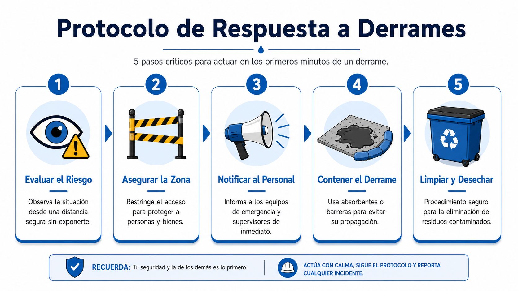 Infografía sobre el protocolo de cinco pasos para la respuesta y contención de derrames de sustancias peligrosas.
