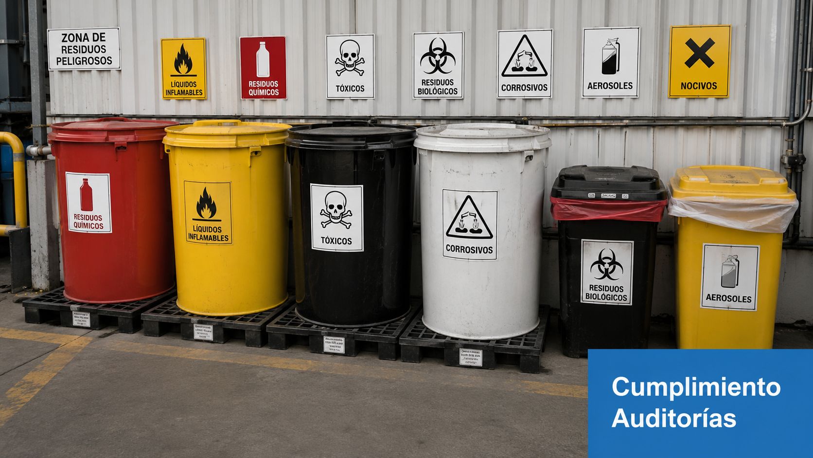 Contenedores de residuos peligrosos organizados por categorías con etiquetas de advertencia en una instalación industrial.