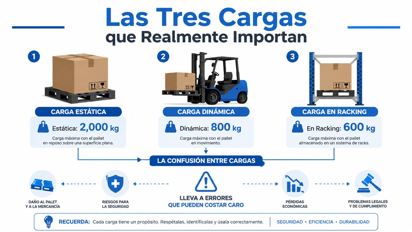 Infografía sobre las tres cargas esenciales para palets: estática, dinámica y en racking para mayor seguridad.