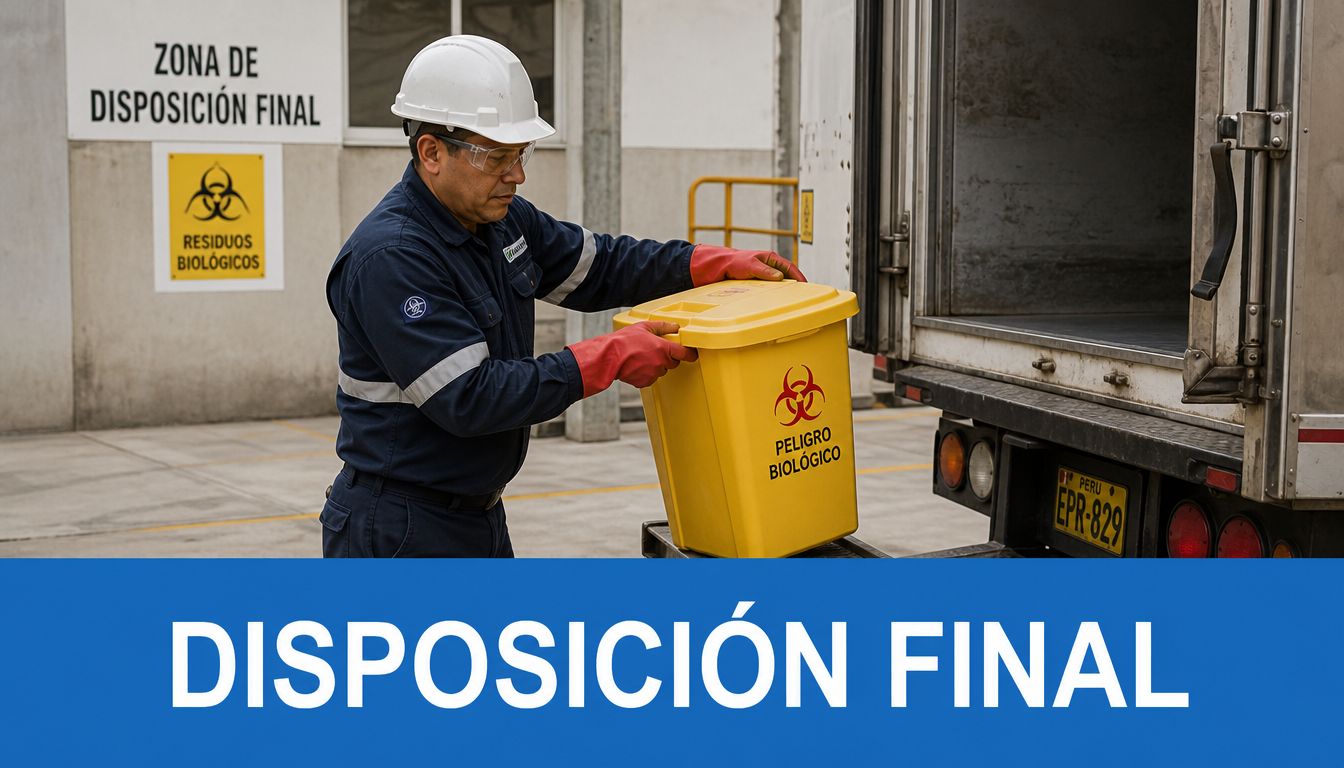 Trabajador con equipo de seguridad cargando un contenedor amarillo de residuos peligrosos biológico-infecciosos hacia un camión.