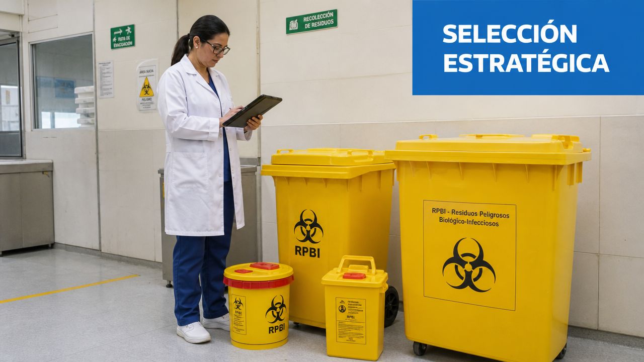 Profesional de la salud junto a contenedores amarillos para residuos peligrosos biológico-infecciosos en un hospital.