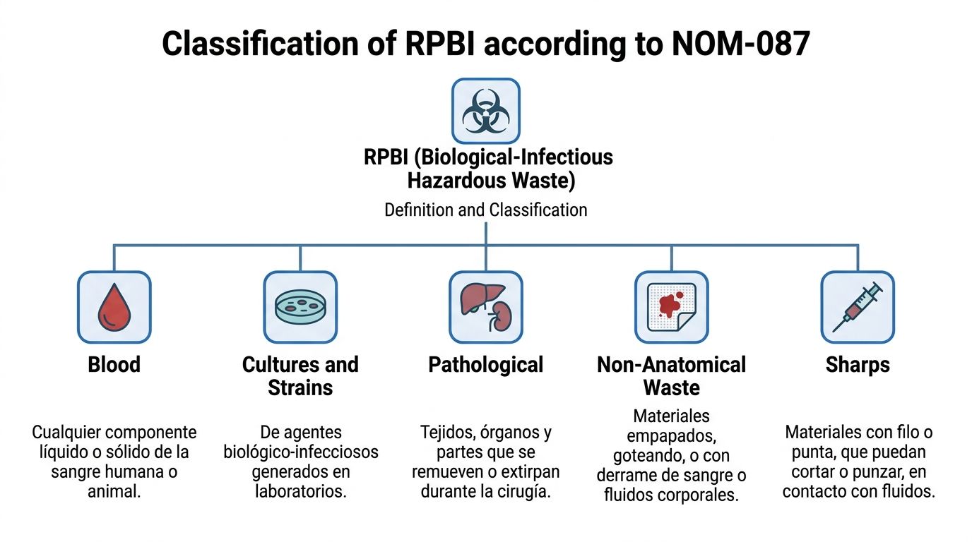 Diagrama que muestra la clasificación oficial de los Residuos Peligrosos Biológico-Infecciosos según la norma mexicana NOM-087.