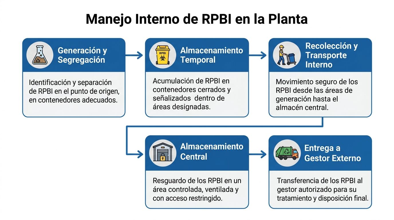 Diagrama de flujo del manejo interno de residuos peligrosos biológico-infecciosos en una planta industrial o clínica.