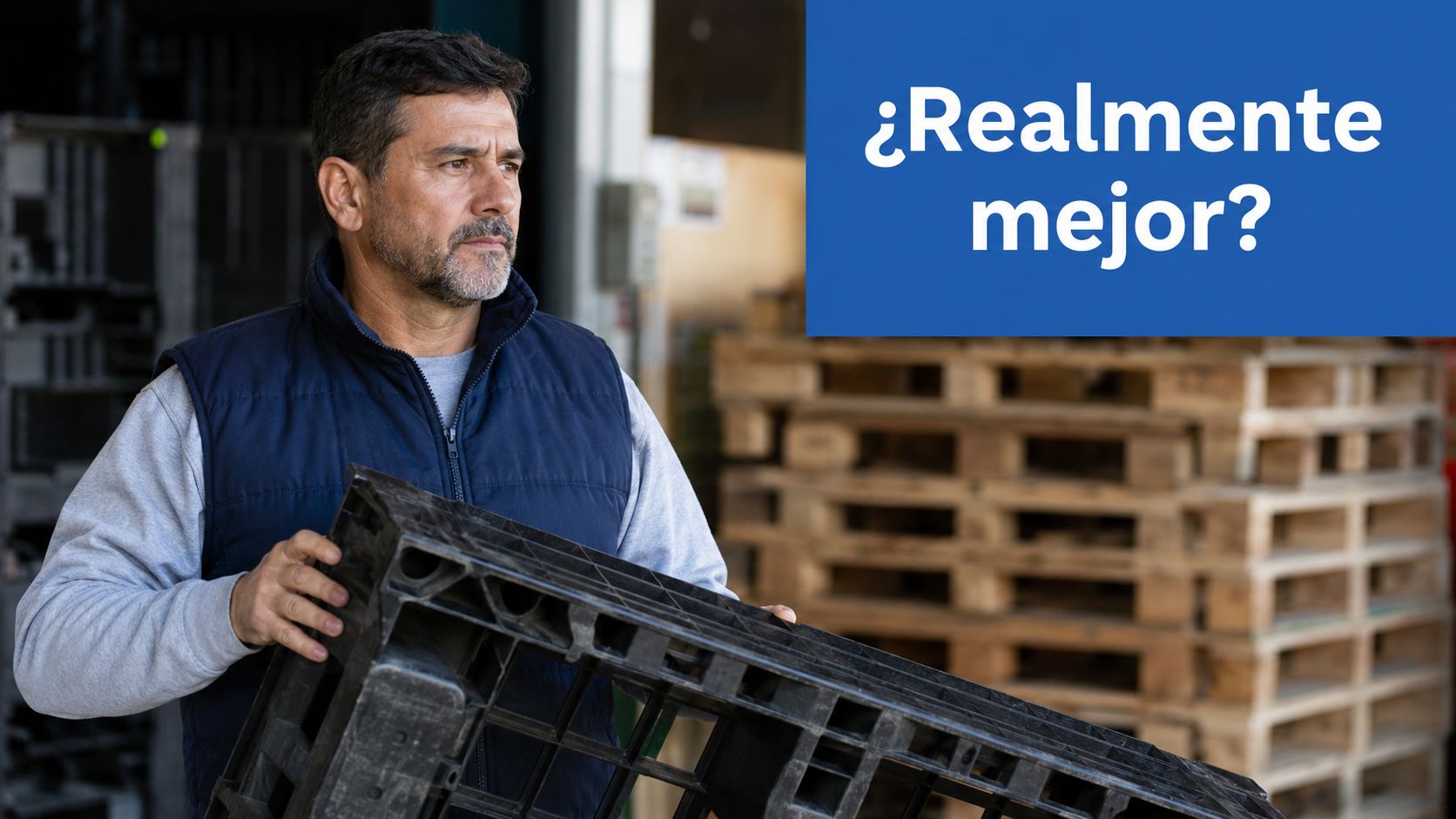 Trabajador sosteniendo una tarima de plástico negra frente a una pila de palés de madera en almacén.