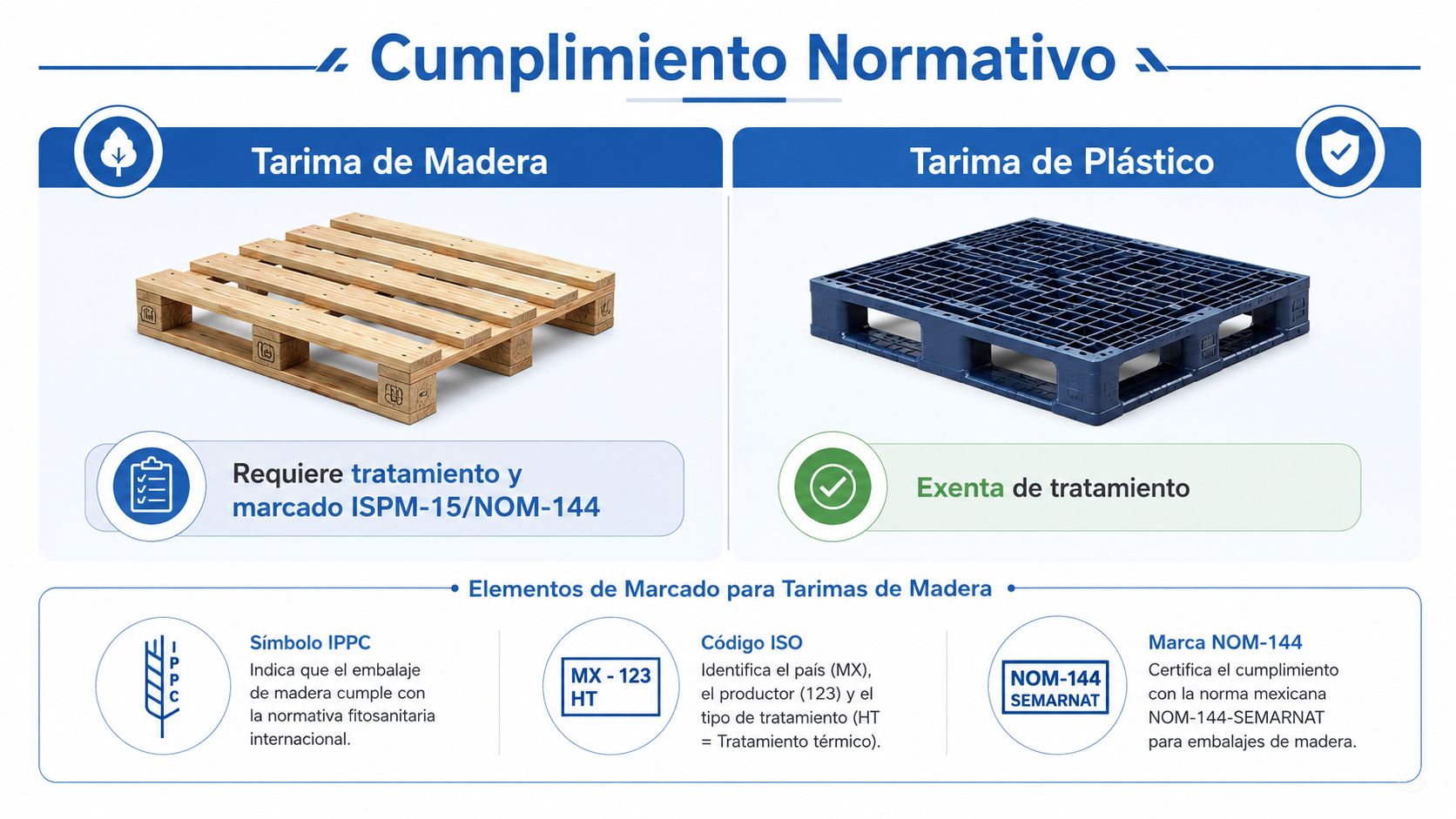 Comparativa entre tarimas de madera y plástico sobre su cumplimiento con la norma internacional ISPM-15 y NOM-144.