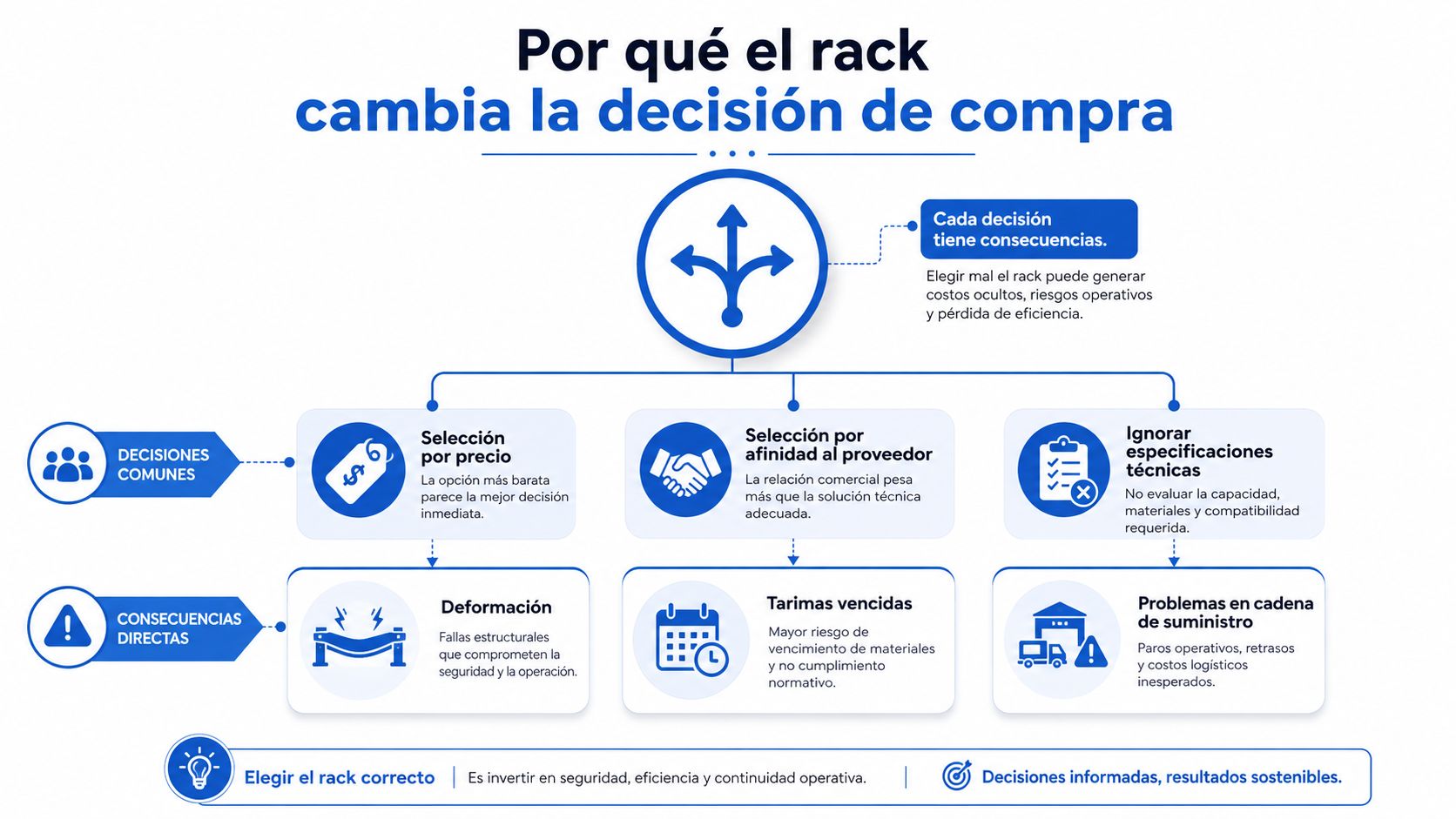 Infografía sobre cómo las decisiones erróneas al elegir racks afectan la seguridad y eficiencia operativa logística.